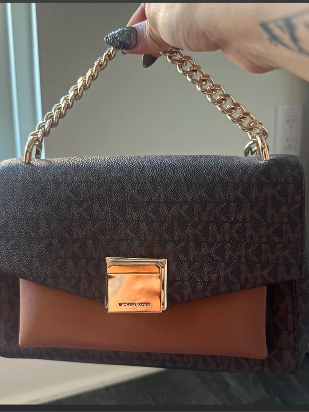 Michael Kors Brown and gold MK Monogram Chain-Handle Satchel